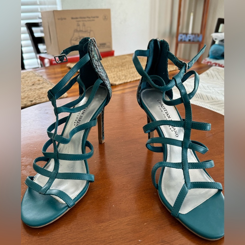 Christian Siriano teal heels